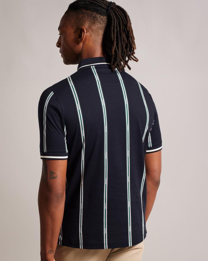 Polo Ted Baker Short Sleeve Zip With Striped Branding Bleu Marine Homme | NPF-33773630